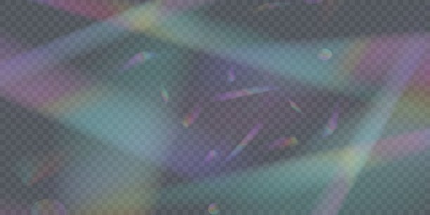 彩虹光线、镜头光晕、来自水晶、玻璃或宝石的反射效果。包含光谱眩光、棱镜折射、镜头光晕的矢量写实光泄露效果插画集。图片下载