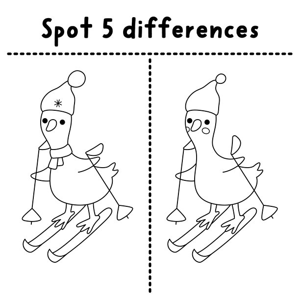 圣诞节连线找不同游戏。冬季假期黑白活动，有滑雪鹅。儿童可打印工作表、拼图填色页，配有趣味新年角色图片下载