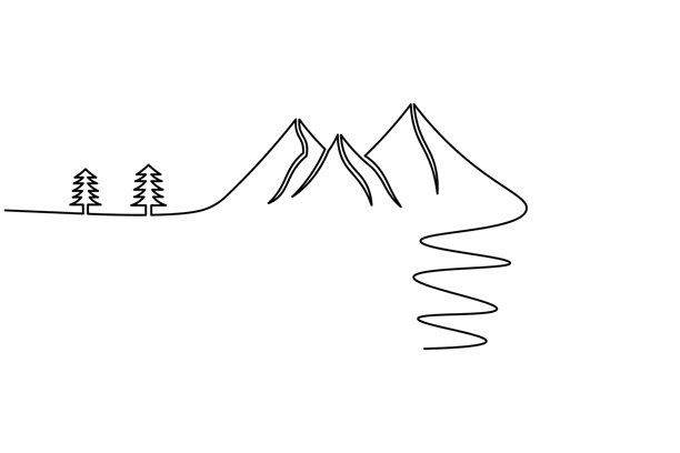 简约山脉风景单线条艺术自然简笔画。矢量插画图片下载