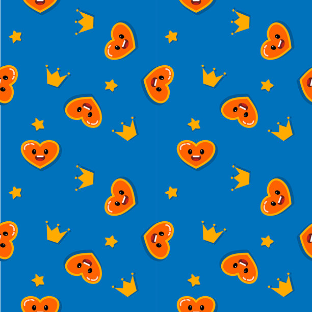 心形橙色笑脸卡通，非常可爱。戴着星星皇冠，蓝色背景。无缝矢量插画图案。图片下载