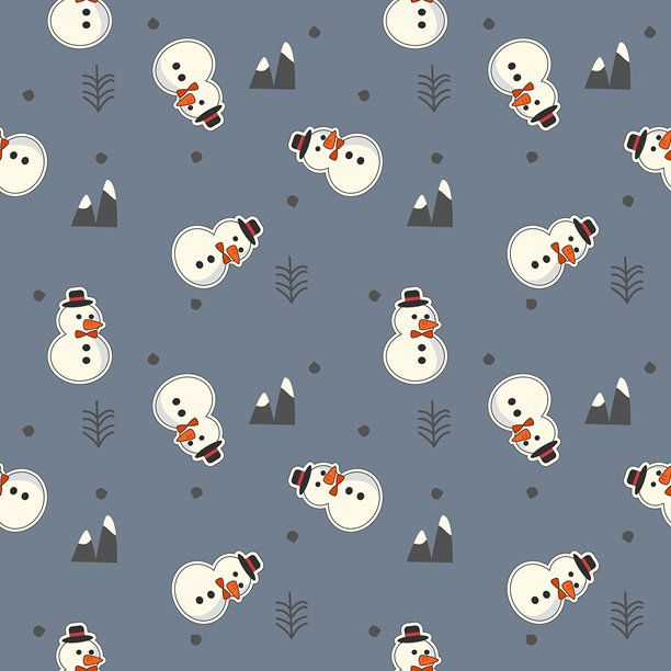 可爱的雪人卡通形象，在灰色山雪背景上，无缝矢量插画图案。图片下载