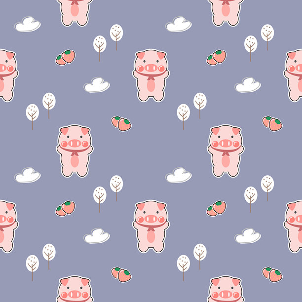 可爱的猪猪卡通形象，背景是树草莓云彩。无缝矢量图案插画。图片下载