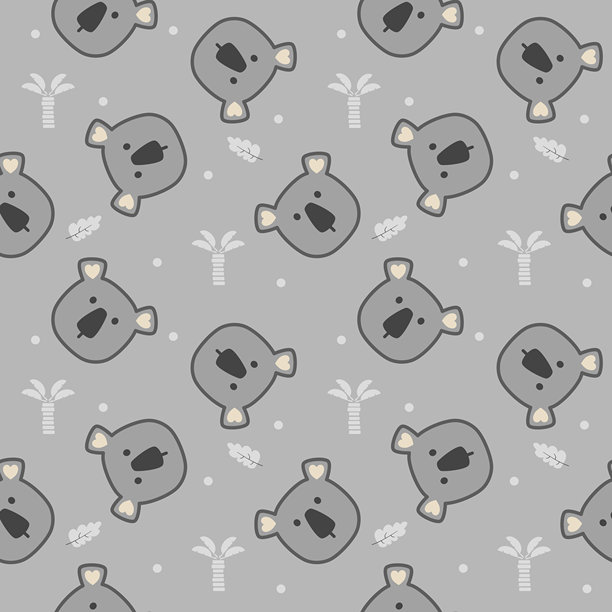 可爱的考拉卡通头像，在树叶和灰色背景上，无缝矢量图图案插画。图片下载