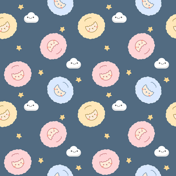 绵羊，色彩鲜艳的卡通形象，非常可爱。背景是云朵和星星。晚安。无缝图案矢量插画。图片下载