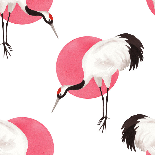 日本丹顶鹤站立的无缝图案，背景有太阳。水彩手工插画。用于织物、壁纸、贺卡、设计、装饰和插画。图片下载