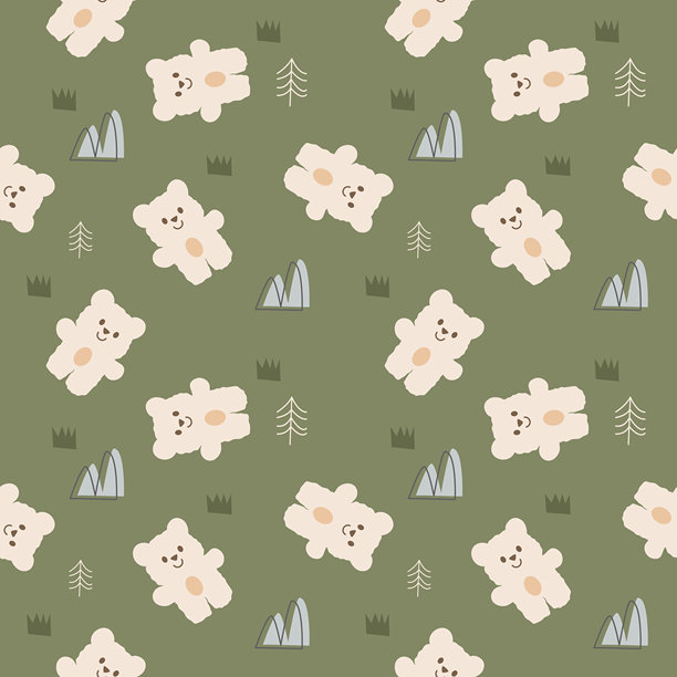 熊的卡通形象非常可爱。背景是树木、山峦和绿色的草地，构成无缝的矢量图案插画。图片下载