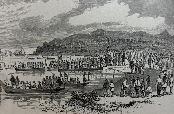 古董插画 - 一大群人在一次探险中登陆日本图片下载