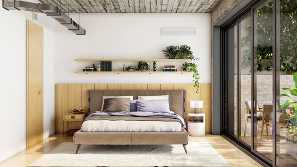 现代明亮的卧室室内3D渲染插画电脑生成图像图片下载