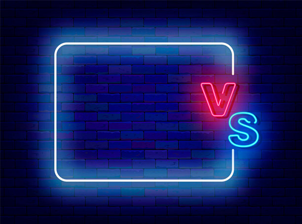 对战霓虹灯横幅。体育竞赛。空白白色框架。夜晚庆典。矢量素材插画图片下载