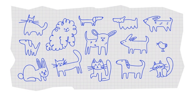 涂鸦动物，撕纸宠物，猫，狗，兔子，鸟，蜡笔，笔记本风格，矢量插画图片下载