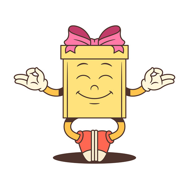 冥想卡通礼盒人物以莲花式坐姿，带有粉色蝴蝶结的矢量插画图片下载