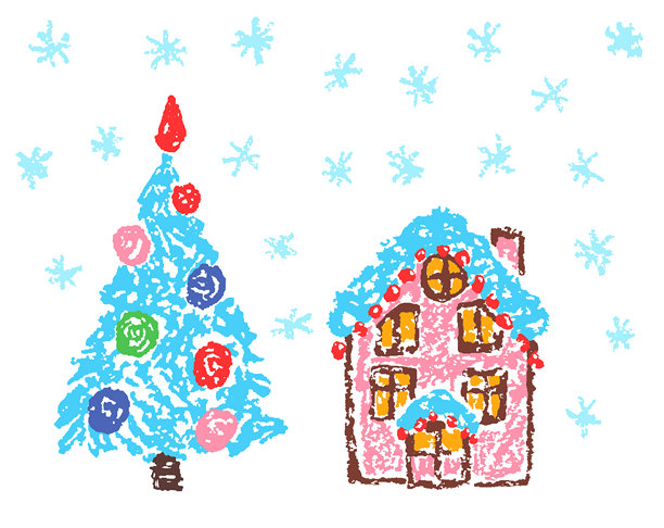 圣诞树和仙女小屋。有趣的户外空间。蜡笔、粉彩或铅笔般的儿童手绘素描涂鸦风格。图片下载