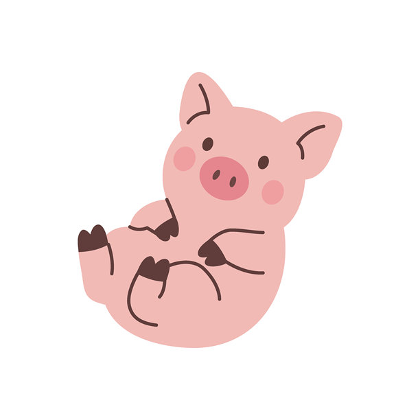 一只可爱的小猪仰面躺着，面带微笑。这是一只可爱的粉色小猪矢量插画，适合儿童、农场动物、婴儿房艺术和趣味设计。图片下载