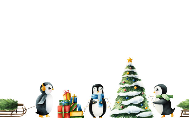 无缝边框。可爱的微笑企鹅装饰圣诞树，并拉着载有松树的木制冬季雪橇。挂有金色灯笼的圣诞花环。北方动物，水彩手绘插画，孤立在背景上。适用于设计师、装饰、商店。图片下载