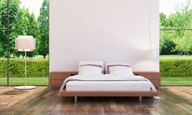 现代明亮的卧室室内设计，三维渲染插画，计算机生成图像图片下载