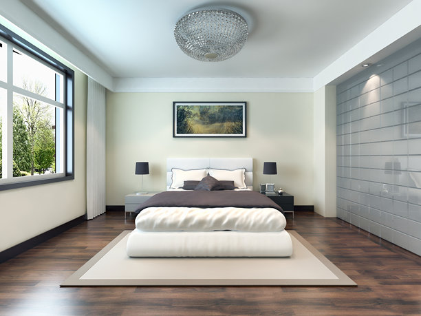 现代明亮的卧室室内设计，三维渲染插画，电脑生成图像图片下载