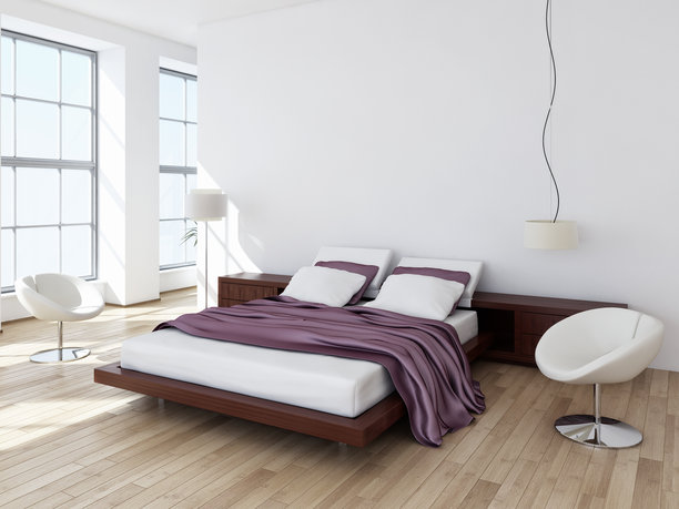 现代明亮的卧室室内设计，三维渲染插画，计算机生成图像图片下载
