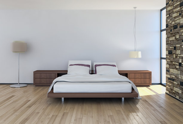 现代明亮的卧室室内设计，三维渲染插画，计算机生成图像图片下载