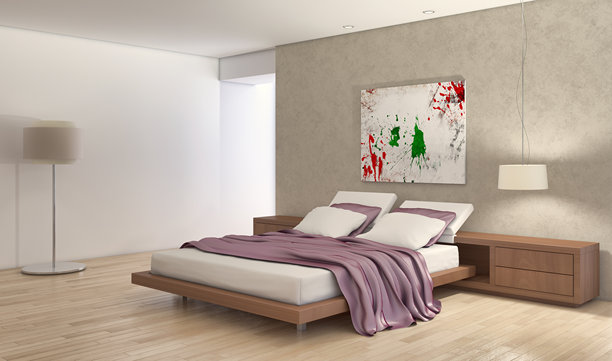 现代明亮的卧室室内设计，三维渲染插画，电脑生成图像图片下载