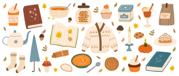一套手绘的舒适秋季元素。可爱的毛衣、编织品、蜡烛、热饮、派、南瓜香料拿铁、叶子。舒适的生活方式，冬日与秋日氛围。矢量扁平插画。图片下载