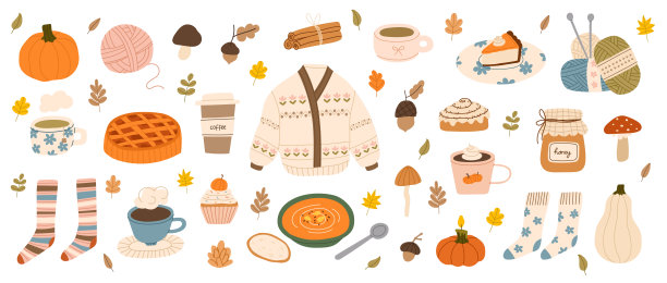 一套手绘的温馨秋季元素。可爱的毛衣、编织、蜡烛、热饮、派、南瓜香料拿铁、树叶。舒适的生活方式，冬日和秋日氛围。矢量扁平插画。图片下载