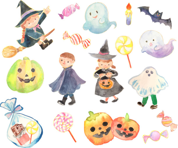 水彩万圣节插画集，矢量图图片下载