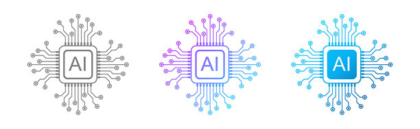 三组人工智能芯片插画，采用渐变风格和电路线条，代表人工智能、数字技术、计算系统和现代电子设计。图片下载
