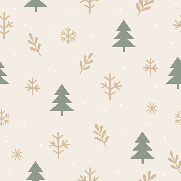 无缝矢量插画，包含圣诞树、雪花和冬枝。优雅的节日图案，非常适合用于季节性包装纸、纺织品和背景。图片下载