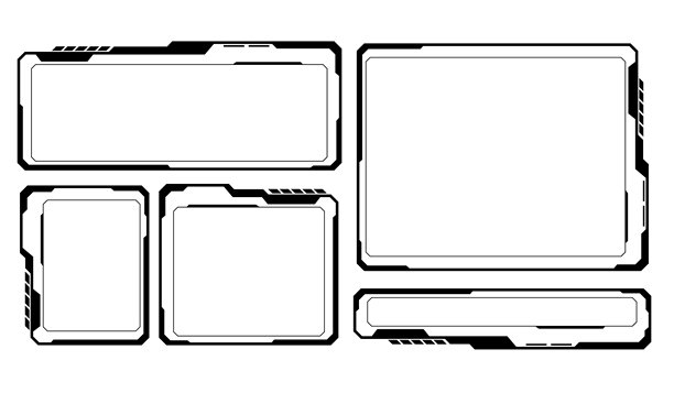 HUD黑色用户界面元素，科技感十足的现代设计，未来控制面板屏幕，数字全息窗口，游戏菜单，触控式网络显示器，白色背景矢量图图片下载