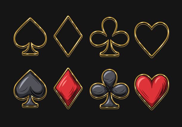 各种颜色扑克牌花色图标，梅花、方块、红心、黑桃。金色细框符号。复古风格。图片下载