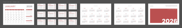 2026年日历规划师模板套装，包含月度页面和笔记，封面可放置照片、公司Logo，涵盖2026-2027年。适用于打印的墙面或桌面收纳器的矢量布局。周日开始。A4尺寸页面。图片下载