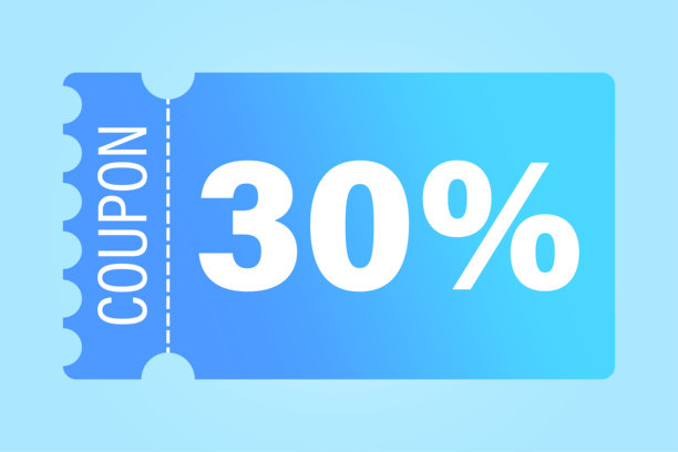 折扣券矢量图。百分之三十的折扣。节省百分之三十。浅蓝色背景。图片下载