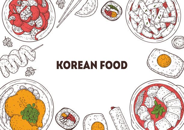 韩式料理画框。手绘俯视韩式菜肴矢量草图插画。辣炒章鱼、鱼饼、参鸡汤、紫菜包饭、炖菜、炒年糕、鸡蛋面包、饺子图片下载