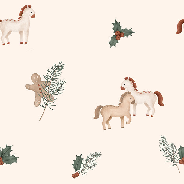简约斯堪的纳维亚风格的无缝图案，描绘了可爱的马、红浆果、冬青和冷杉枝。手绘插画，包含米色卡通动物和姜饼人。图片下载
