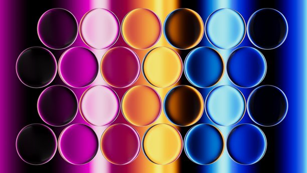 彩虹色光带中的抽象圆形玻璃气泡簇，明亮的聚光灯，鲜明的对比。3D渲染插画。图片下载