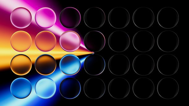 黑色背景上以彩虹色斜线排列的玻璃球；生动简约。3D渲染插画。图片下载
