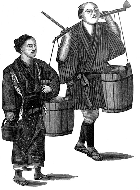 复古插画 - 一对日本夫妇从农田劳作归来图片下载