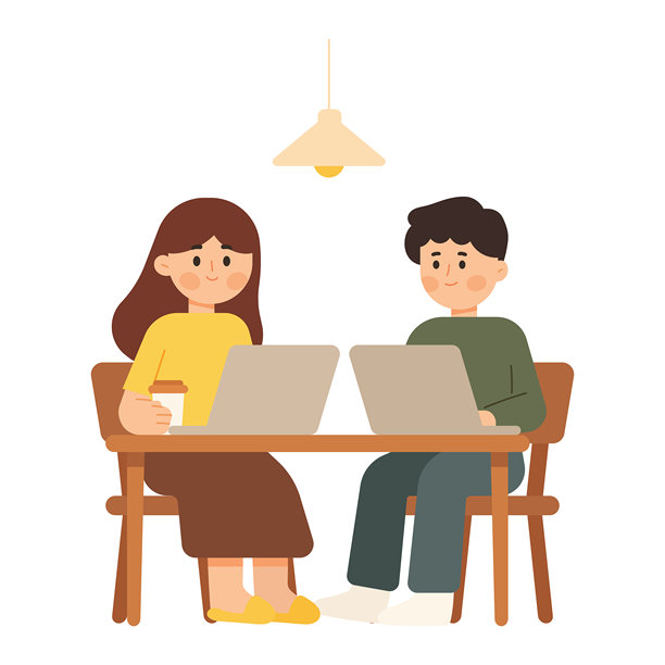 扁平化设计插画，描绘了两个年轻人在联合办公空间里协同工作。图片下载