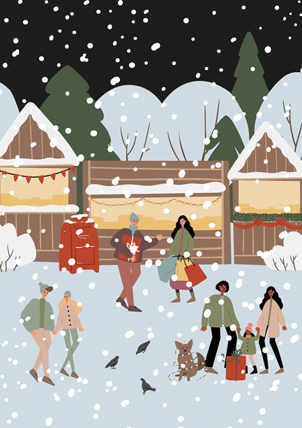 多元文化人们在冬季圣诞市场中的扁平化矢量插画。在高加索人和非洲裔美国人家庭在雪中带着孩子和狗逛着装饰过的木制摊位，购买礼物。图片下载