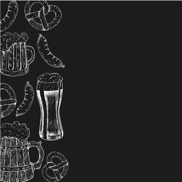 矢量烤香肠叉子边框，标志，菜单，黑色模板。巴伐利亚椒盐卷饼，带盐的Brezel。图形化德国啤酒瓶，烤香肠插画，孤立在背景上。手绘线条草图。适用于设计师、印刷品、明信片、包装纸图片下载