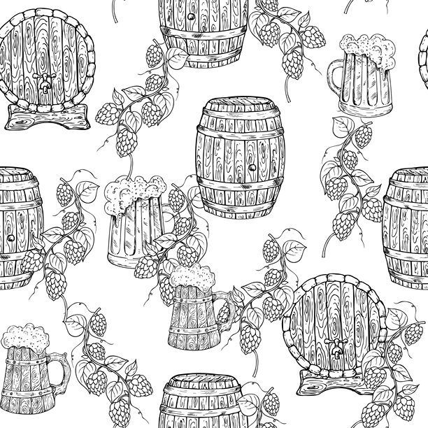 矢量无缝图案，包含带龙头用于葡萄酒、啤酒、威士忌的木桶。复古图形插画，包含常见的啤酒花，孤立在背景上。手绘橡木桶线条素描。适用于设计师、印刷品、明信片、包装纸、假日、封面设计。图片下载