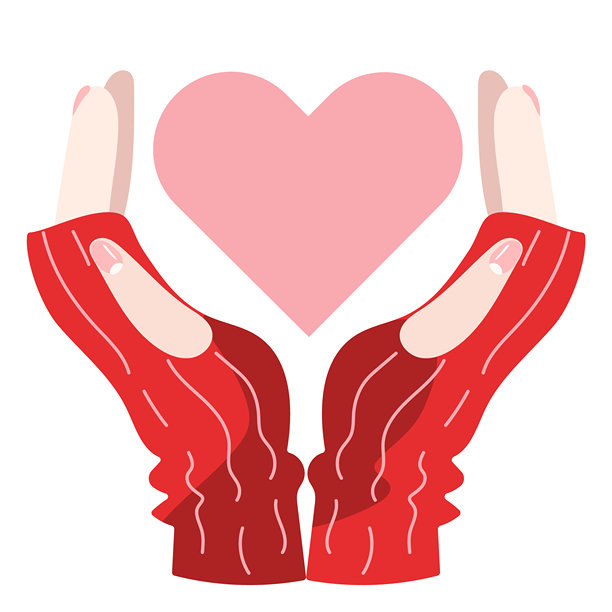 戴着红色针织袖子的手捧着粉色爱心插画图片下载