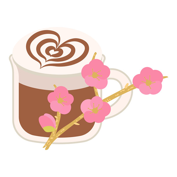 梅花图案的心形拿铁咖啡插画图片下载