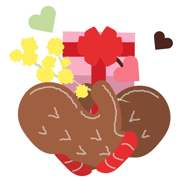 带有图案的连指手套拿着含羞草礼盒的插画图片下载