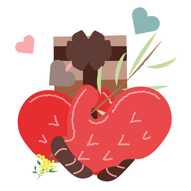 红色图案连指手套拿着鲜花礼盒的插画图片下载