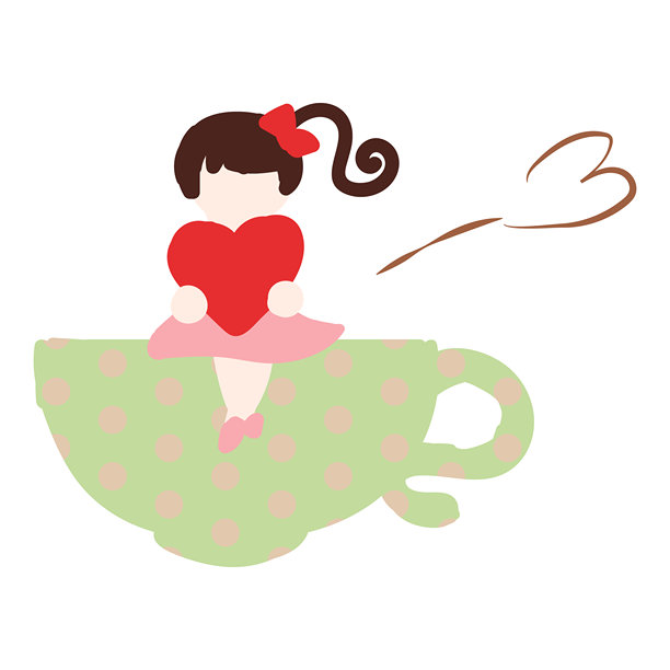 可爱的女孩抱着一颗心，坐在波点茶杯插画上图片下载