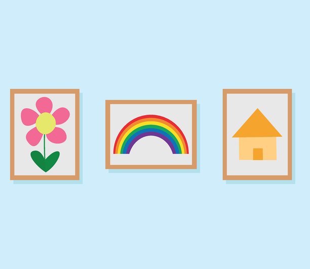 孩子们在墙上的画框里画画，可爱的家居装饰，扁平插画图片下载