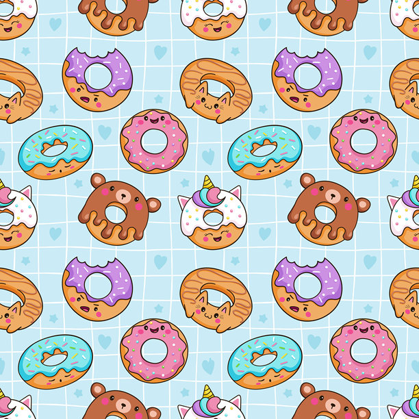蓝色背景上带有格子线和爱心的趣味冰糖甜甜圈无缝图案。可爱卡通形象，儿童插画。图片下载