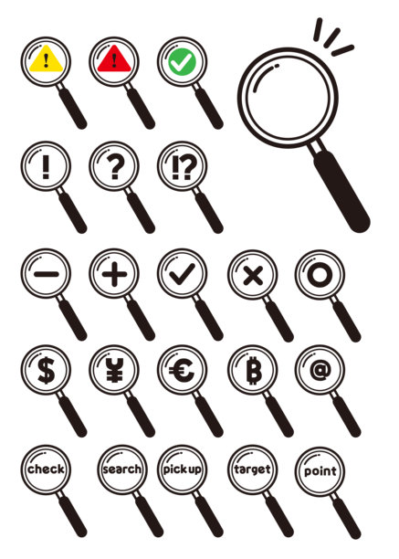 插画集，展示了各种放大镜。（警告、勾选、感叹号、各国货币等）图片下载