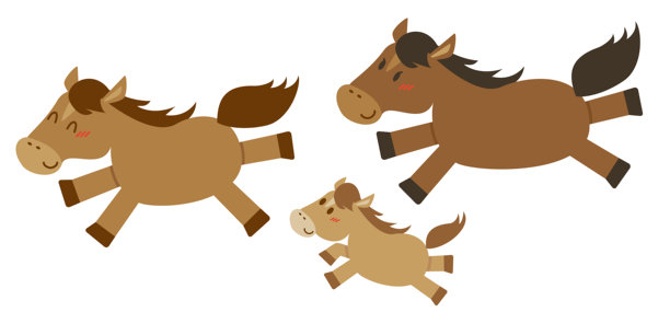 母马和小马奔跑的插画。两匹成年马和一匹小马。图片下载
